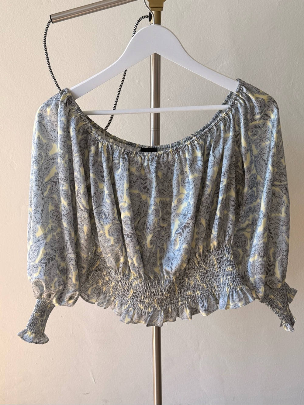 Lucy Paris Light Butter Yellow Top with Grayish Blue Paisley Print